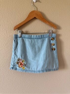 Light Blue Embroidered Denim Skort with Side Button Detail